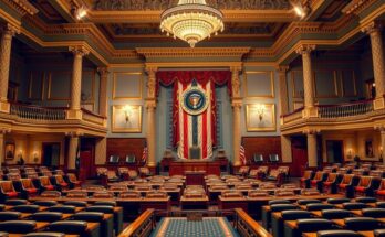 Interiors of a grand congressional chamber decorated for an inauguration, symbolizing democracy and power transition.