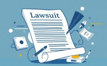 An abstract representation of a legal document and media elements symbolising a lawsuit against a news outlet.