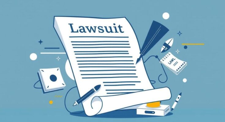 An abstract representation of a legal document and media elements symbolising a lawsuit against a news outlet.