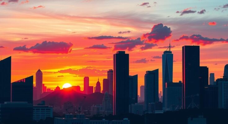 A modern urban skyline with vibrant colours, embodying political change and progressive energy.