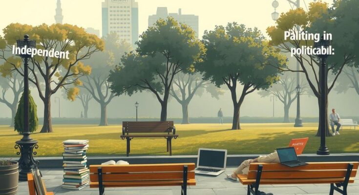 Visual representation of independent voters analyzing their opinions in a modern urban setting, using muted tones.