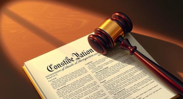 Gavel and Constitution, symbolizing the U.S. democracy and presidential term limits, with a classic artistic style.