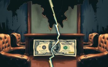 A tense political scene with symbolic elements of power, featuring a desk, a divided bill, and contrasting colors in a realistic style.
