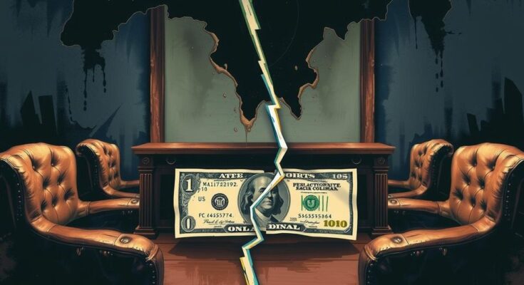 A tense political scene with symbolic elements of power, featuring a desk, a divided bill, and contrasting colors in a realistic style.