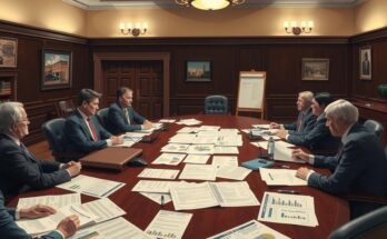 Riunione del governo di Albany con documenti e grafico sul tavolo, atmosfera di lavoro intenso e discussioni legislative.