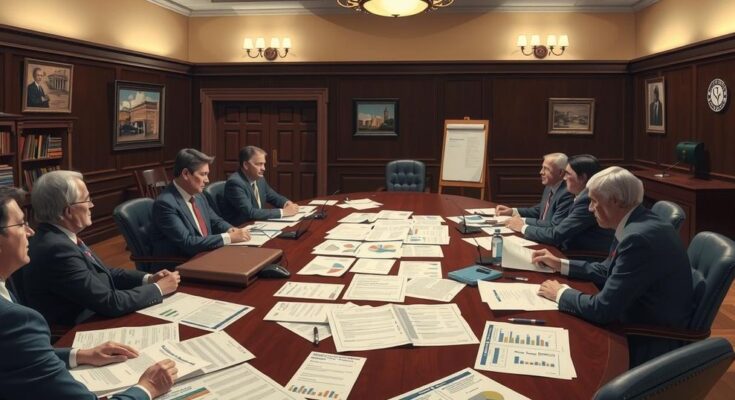 Riunione del governo di Albany con documenti e grafico sul tavolo, atmosfera di lavoro intenso e discussioni legislative.
