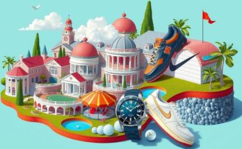 A vibrant collage showing real estate, golf courses, and branded products reflecting a diverse business empire.