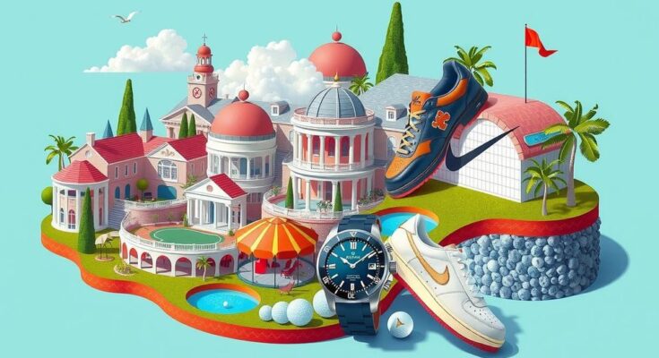 A vibrant collage showing real estate, golf courses, and branded products reflecting a diverse business empire.