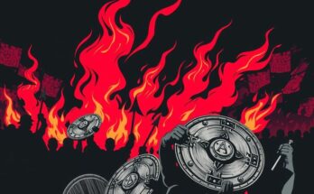Imagery of political conflict with illustrated flames, broken shields, and symbolic representations of turmoil in colors red and black.