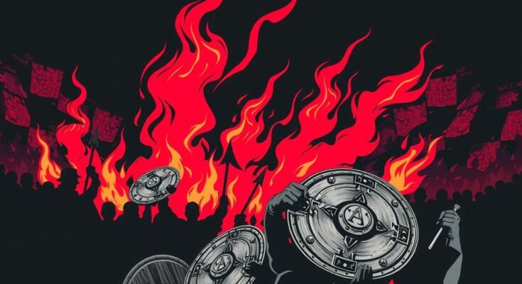 Imagery of political conflict with illustrated flames, broken shields, and symbolic representations of turmoil in colors red and black.