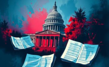 A political scene with Capitol Hill, an intense atmosphere, and dynamic colour contrasts, showcasing legislative tensions.