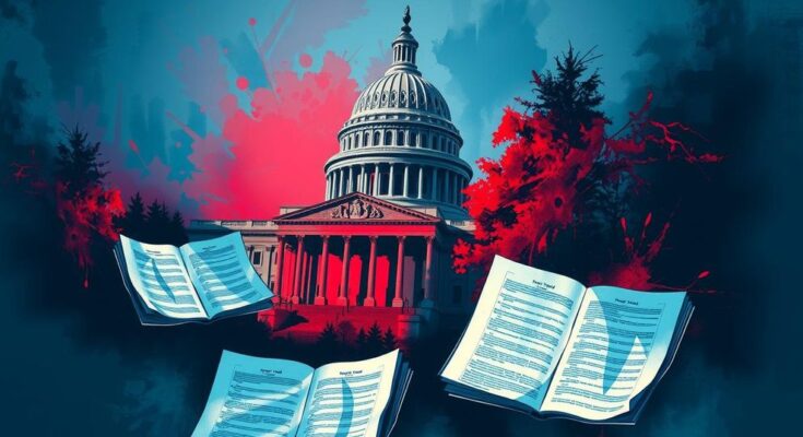 A political scene with Capitol Hill, an intense atmosphere, and dynamic colour contrasts, showcasing legislative tensions.
