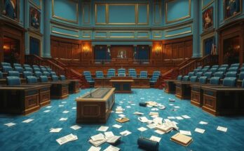 A depiction of a chaotic Senate chamber with empty seats and overturned papers, symbolising political turmoil and negotiations.
