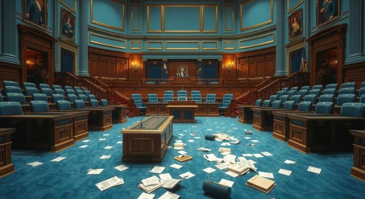 A depiction of a chaotic Senate chamber with empty seats and overturned papers, symbolising political turmoil and negotiations.