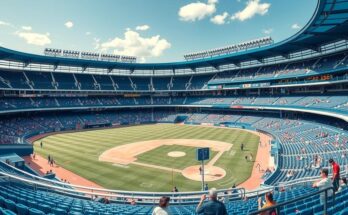 Un stade de baseball vibrant avec des couleurs vives et un ciel ensoleillé, représentant la culture sportive et la communauté.