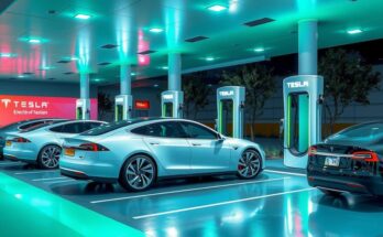 Tesla vehicles in a vibrant charging station, symbolizing the complex relationship between politics and electric cars in Romania.