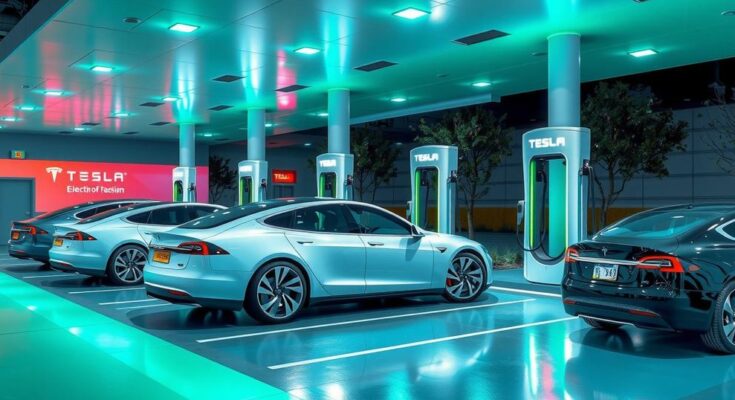 Tesla vehicles in a vibrant charging station, symbolizing the complex relationship between politics and electric cars in Romania.