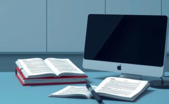 Une représentation symbolique d'un procès en cours, avec un ordinateur et des documents légaux, dans des tons de gris et de bleu.