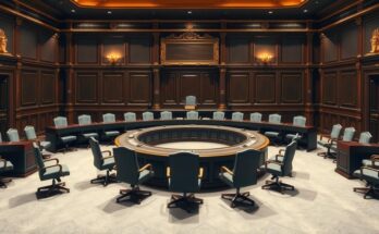 A budget hearing room with empty chairs and a large table, dark wood and gold accents, showcasing a formal political setting.