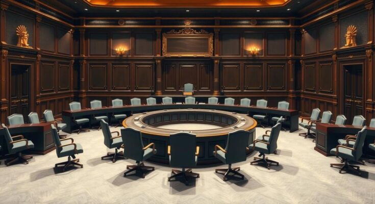 A budget hearing room with empty chairs and a large table, dark wood and gold accents, showcasing a formal political setting.