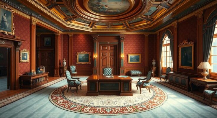 Ruang Oval dengan desain elegan, dikelilingi warna coklat dan emas, menampilkan suasana resmi tanpa kehadiran manusia.