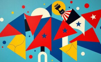 Visual representation of abstract political themes with a vibrant color palette and geometric patterns.