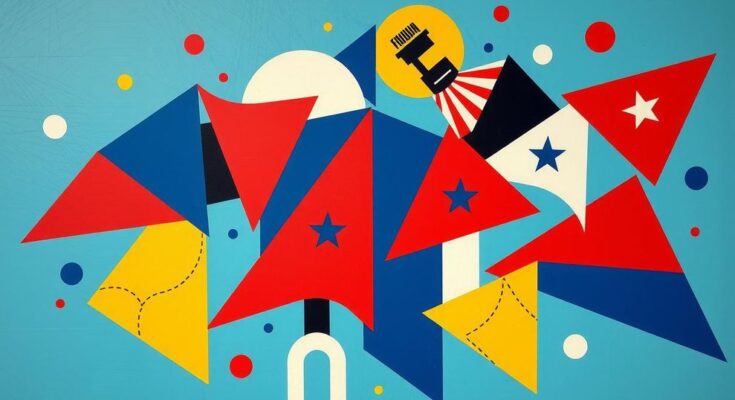 Visual representation of abstract political themes with a vibrant color palette and geometric patterns.