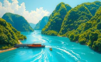 Pemandangan indah dari Terusan Panama dengan langit biru dan pepohonan hijau di sekitarnya.