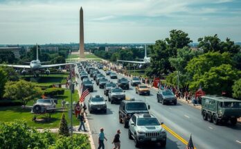 Парад военной техники на фоне National Mall, отражает разнообразие мнений о военных праздниках в США.
