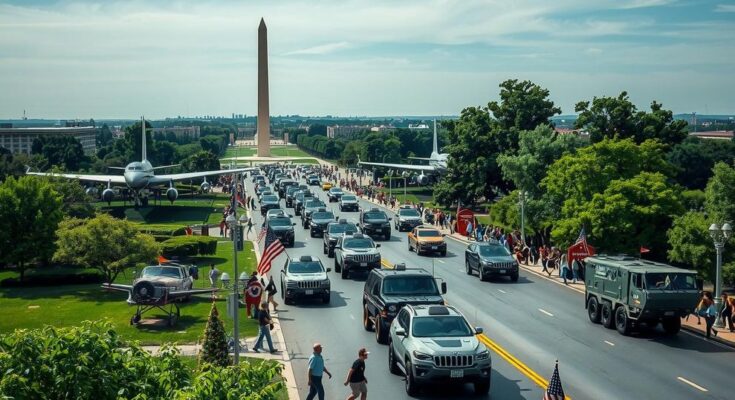 Парад военной техники на фоне National Mall, отражает разнообразие мнений о военных праздниках в США.