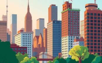 Un paysage urbain dynamique de New York avec des immeubles, symbolisant l'aspiration politique et le changement.