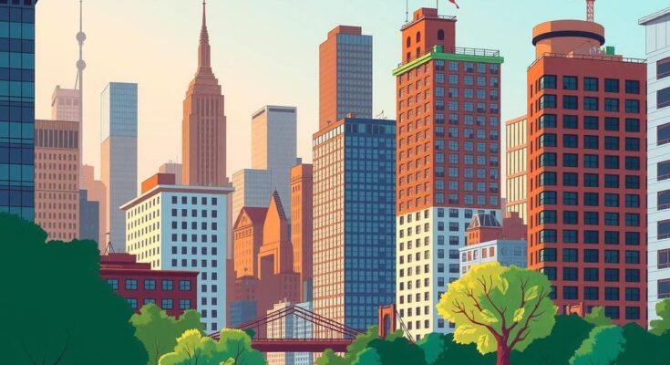 Un paysage urbain dynamique de New York avec des immeubles, symbolisant l'aspiration politique et le changement.