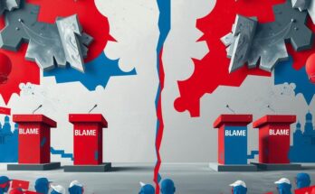 Politicians manipulating blame for power, divided electorate, and political strategies with vivid colors and sharp contrasts.