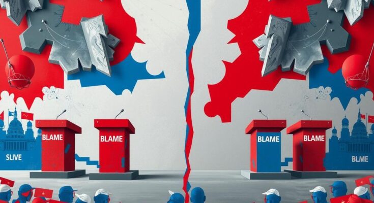 Politicians manipulating blame for power, divided electorate, and political strategies with vivid colors and sharp contrasts.