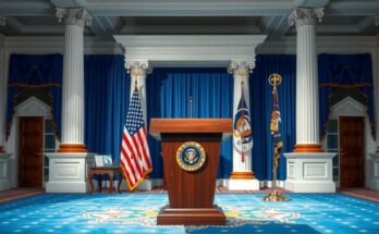 Conférence de presse à la Maison Blanche après une victoire juridique, décoration présidentielle en arrière-plan.