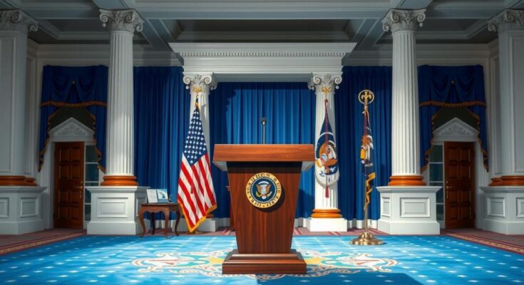Conférence de presse à la Maison Blanche après une victoire juridique, décoration présidentielle en arrière-plan.