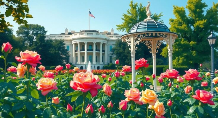 Giardino della Casa Bianca con fiori colorati e gazebo, riflettendo su un'intensa discussione economica.