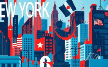Political debate with a focus on NYC symbolism, progressive motifs, and contrasting colours like blue and red.