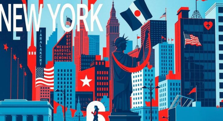 Political debate with a focus on NYC symbolism, progressive motifs, and contrasting colours like blue and red.