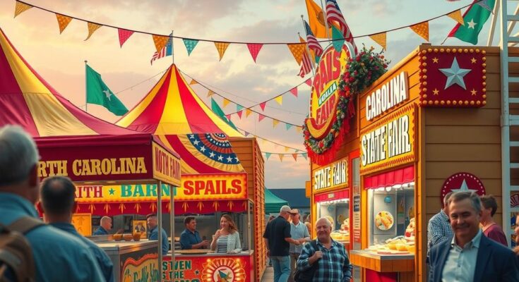 Suasana ramai di festival negara bagian Carolina Utara dengan tenda dan makanan khas, merepresentasikan kebangkitan politik.
