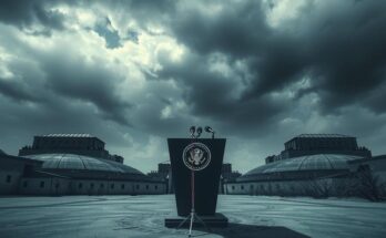 Conférence de presse militaire avec des bâtiments en arrière-plan et un ciel nuageux.