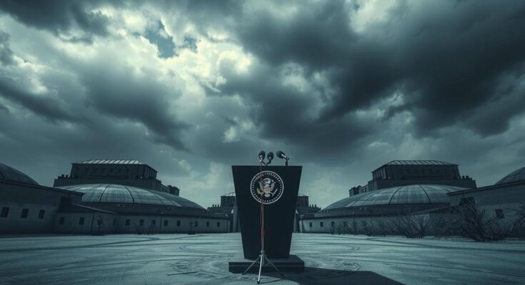 Conférence de presse militaire avec des bâtiments en arrière-plan et un ciel nuageux.