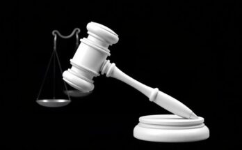 A logo featuring a stylised gavel with a contrasting monochrome background representing justice.