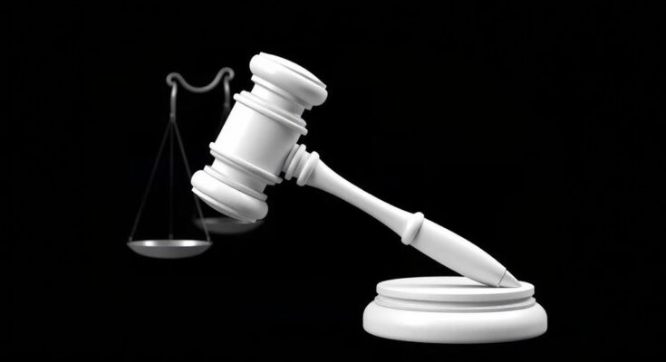 A logo featuring a stylised gavel with a contrasting monochrome background representing justice.