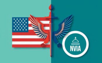Grafis tentang sistem politik AS dengan fokus pada partai independen dan simbol moderasi yang menggambarkan keseimbangan.
