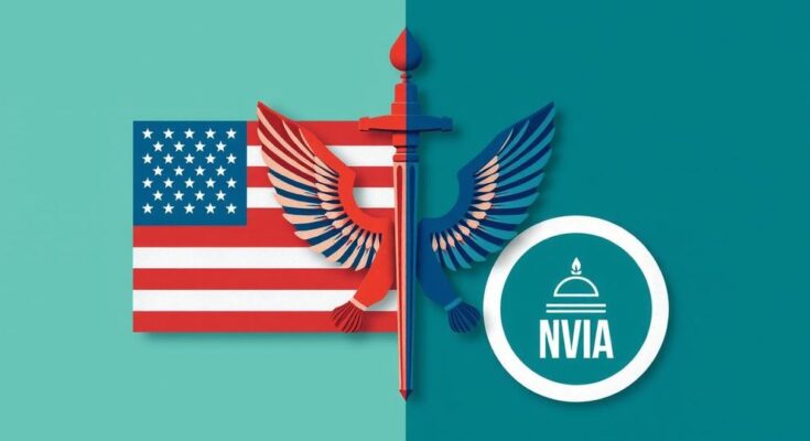 Grafis tentang sistem politik AS dengan fokus pada partai independen dan simbol moderasi yang menggambarkan keseimbangan.