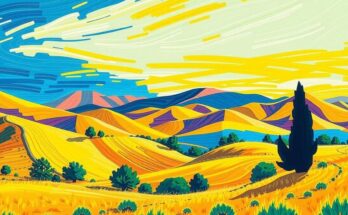 Un paesaggio californiano rappresentato con colori vivaci e linee stilizzate in stile impressionista.