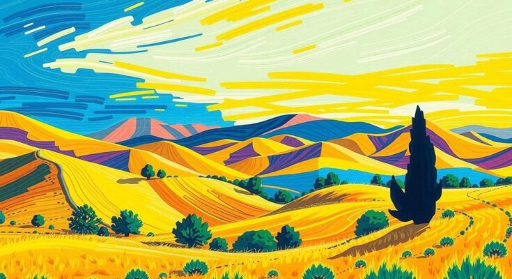 Un paesaggio californiano rappresentato con colori vivaci e linee stilizzate in stile impressionista.
