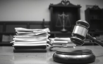A blurred courtroom and documents representing legal disputes without people or explicit content.
