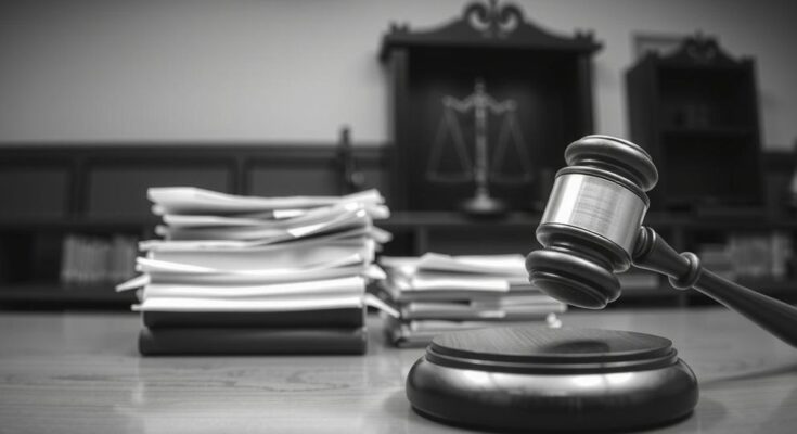 A blurred courtroom and documents representing legal disputes without people or explicit content.